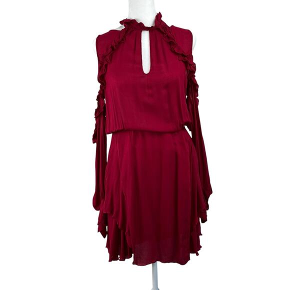 IRO Wine Hanie Cold Shoulder Long Sleeve Cutout Backless Ruffle Mini Dress S/36 - Picture 3 of 16